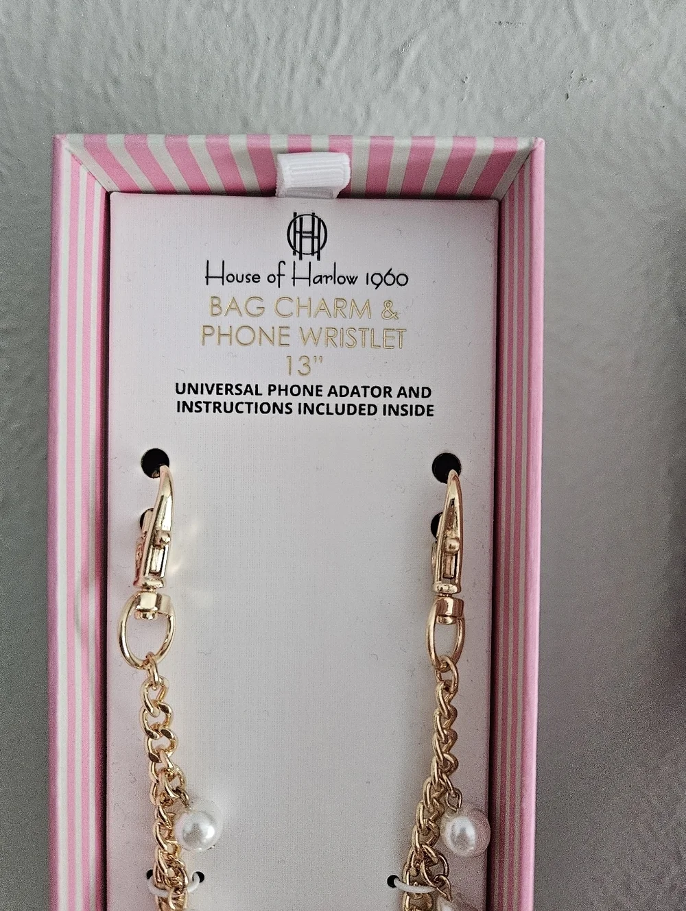 NWT House Of Harlow 1960 Gold Chain With Glass Pearl Universal Phone Wristlet